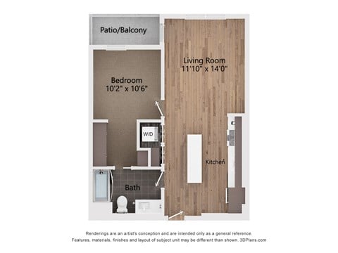 Floor plan for 1 bed, 1 bath, 669 sqft